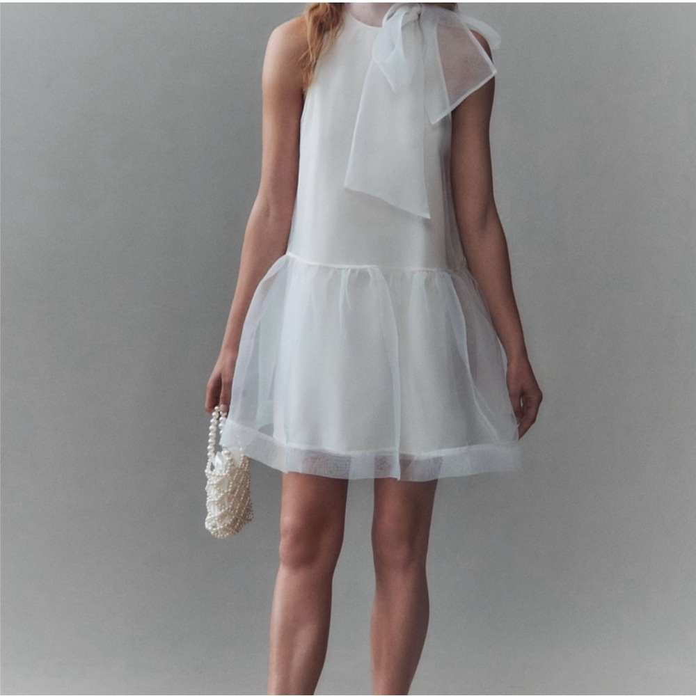 BHLDN Sophia High-Neck Bow-Tie Organza Mini Dress